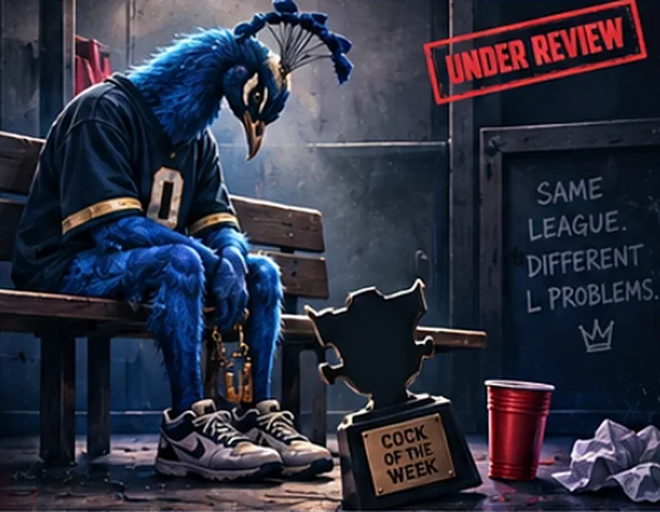 Dejected peacock slumped on a locker-room bench next to a Cock of the Week trophy