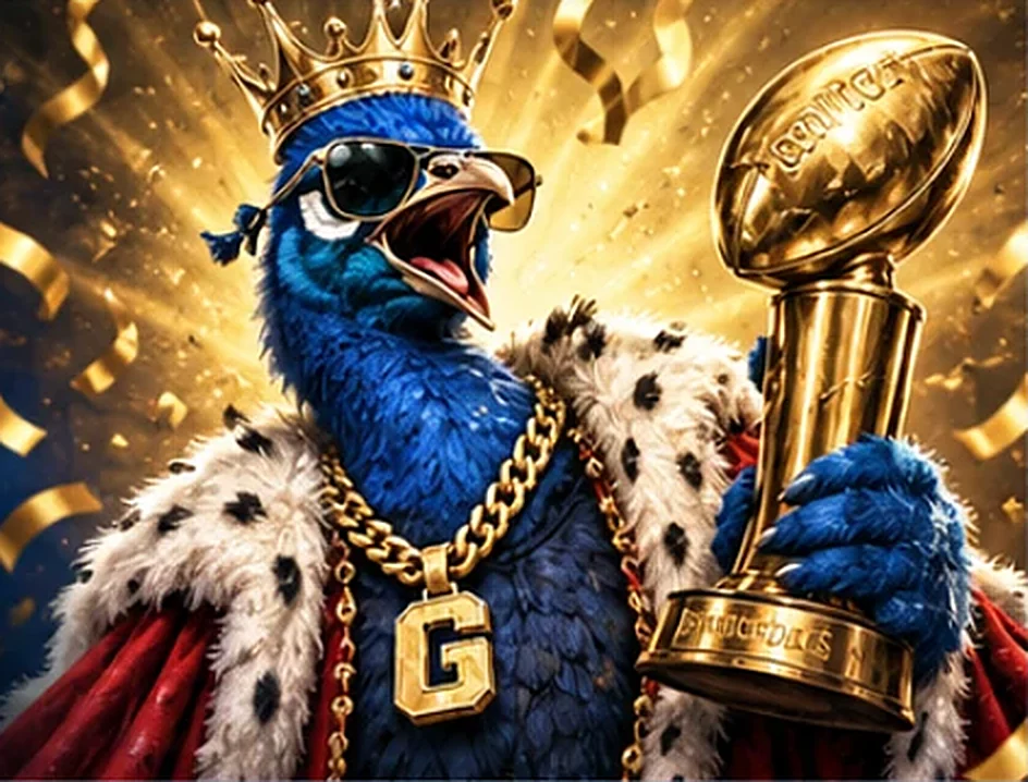 Crowned peacock in a royal robe and sunglasses, holding a gold trophy