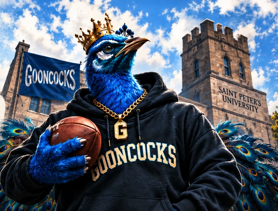Crowned blue peacock in a Gooncocks hoodie holding a football